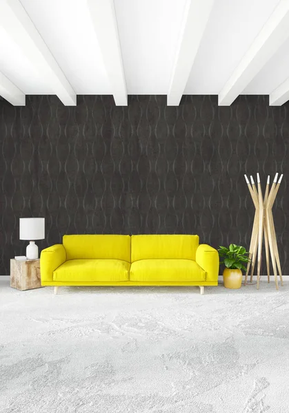 Beyaz yatak odası en az stil iç tasarım ahşap duvar ve gri Kanepeli. 3D render. 3D çizim