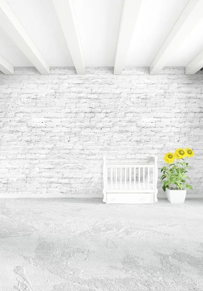 Vita sovrum minimal stil inredning med trä vägg och grå soffa. 3D-rendering. 3D illustration — Stockfoto