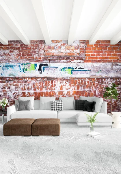 Beyaz yatak odası en az stil iç tasarım ahşap duvar ve gri Kanepeli. 3D render. 3D çizim