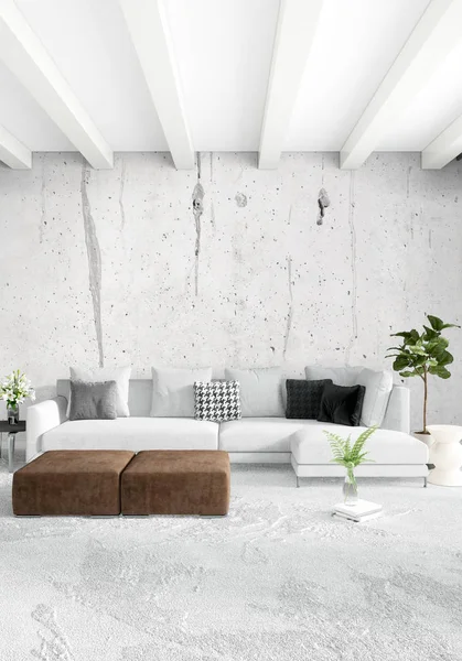 Beyaz yatak odası en az stil iç tasarım ahşap duvar ve gri Kanepeli. 3D render. 3D çizim