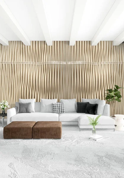 Beyaz yatak odası en az stil iç tasarım ahşap duvar ve gri Kanepeli. 3D render. 3D çizim