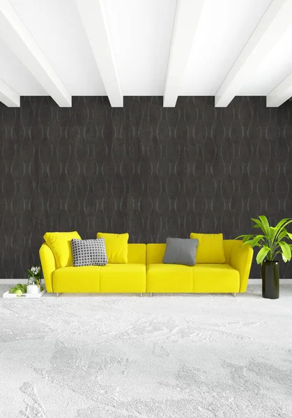 Beyaz yatak odası en az stil iç tasarım ahşap duvar ve gri Kanepeli. 3D render. 3D çizim