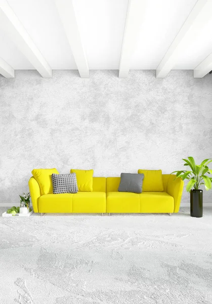 Beyaz yatak odası en az stil iç tasarım ahşap duvar ve gri Kanepeli. 3D render. 3D çizim