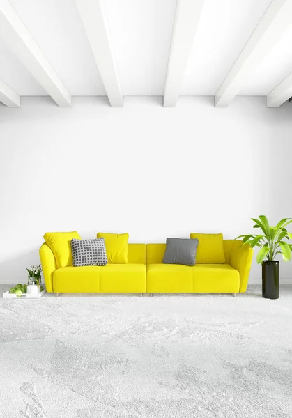 Weißes Schlafzimmer minimalistisches Interieur mit Holzwand und grauem Sofa. 3D-Darstellung. 3D-Illustration — Stockfoto