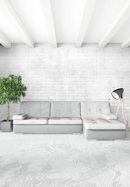 Beyaz yatak odası en az stil iç tasarım ahşap duvar ve gri Kanepeli. 3D render. 3D çizim