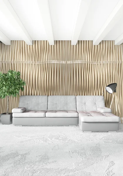 Beyaz yatak odası en az stil iç tasarım ahşap duvar ve gri Kanepeli. 3D render. 3D çizim