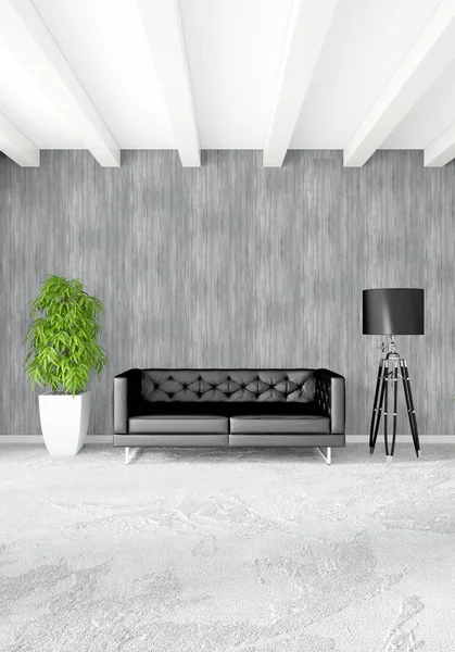 Beyaz yatak odası en az stil iç tasarım ahşap duvar ve gri Kanepeli. 3D render. 3D çizim