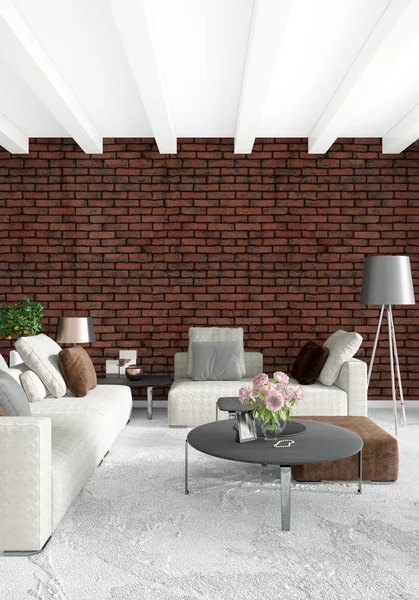 Beyaz yatak odası en az stil iç tasarım ahşap duvar ve gri Kanepeli. 3D render. 3D çizim