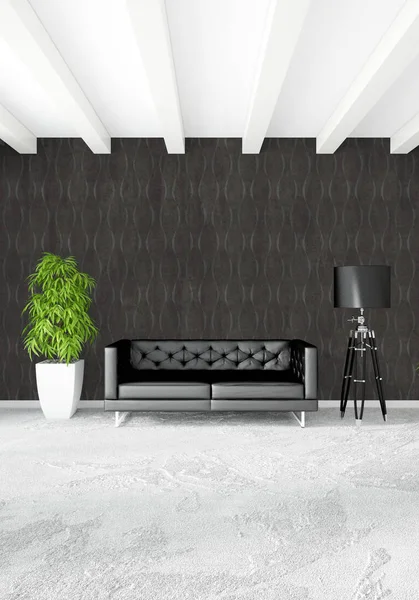 Beyaz yatak odası en az stil iç tasarım ahşap duvar ve gri Kanepeli. 3D render. 3D çizim