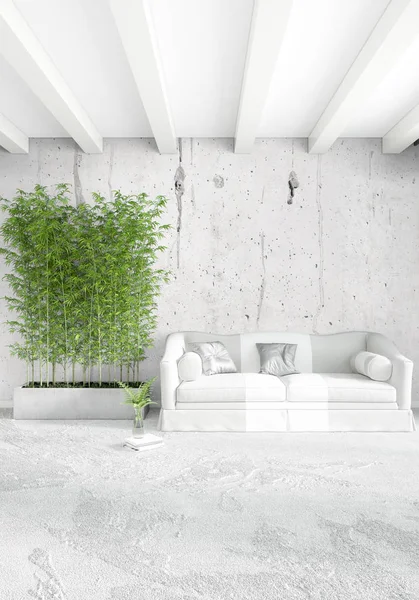 Beyaz yatak odası en az stil iç tasarım ahşap duvar ve gri Kanepeli. 3D render. 3D çizim