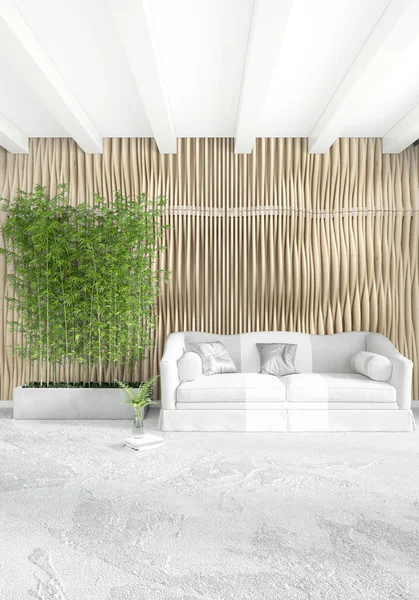 Beyaz yatak odası en az stil iç tasarım ahşap duvar ve gri Kanepeli. 3D render. 3D çizim