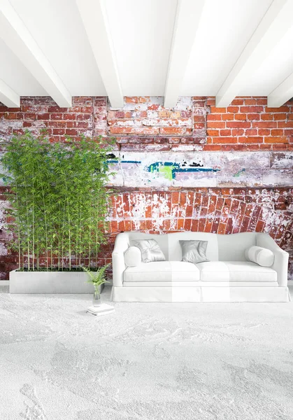 Beyaz yatak odası en az stil iç tasarım ahşap duvar ve gri Kanepeli. 3D render. 3D çizim