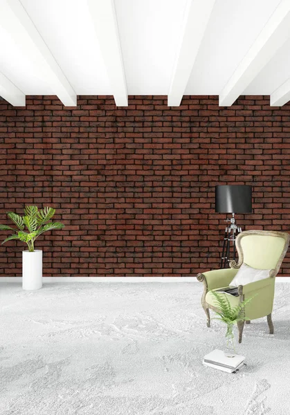 Beyaz yatak odası en az stil iç tasarım ahşap duvar ve gri Kanepeli. 3D render. 3D çizim