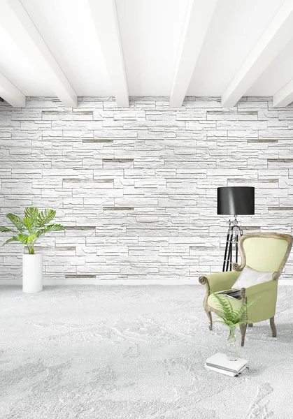 Beyaz yatak odası en az stil iç tasarım ahşap duvar ve gri Kanepeli. 3D render. 3D çizim