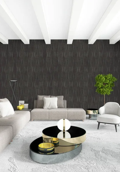 Beyaz yatak odası en az stil iç tasarım ahşap duvar ve gri Kanepeli. 3D render. 3D çizim