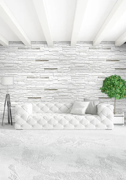 Beyaz yatak odası en az stil iç tasarım ahşap duvar ve gri Kanepeli. 3D render. 3D çizim