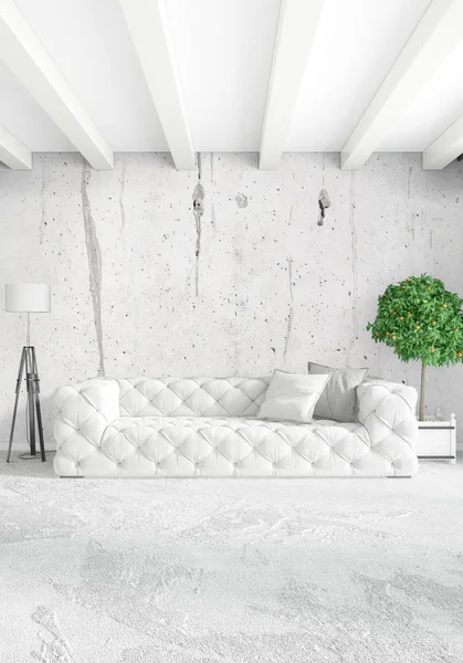 Beyaz yatak odası en az stil iç tasarım ahşap duvar ve gri Kanepeli. 3D render. 3D çizim