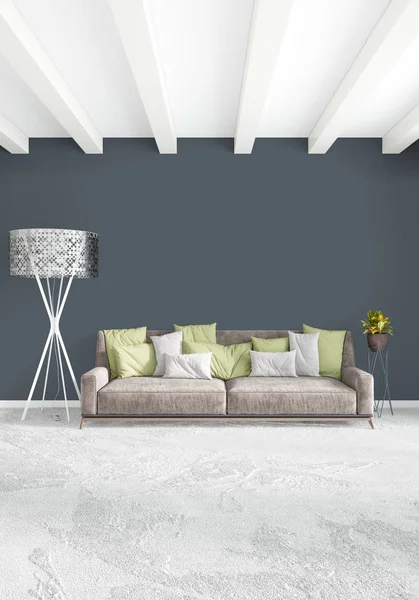 Beyaz yatak odası en az stil iç tasarım ahşap duvar ve gri Kanepeli. 3D render. 3D çizim