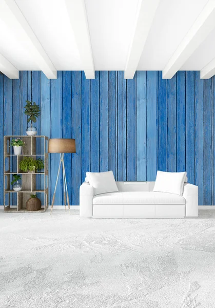 Beyaz yatak odası en az stil iç tasarım ahşap duvar ve gri Kanepeli. 3D render. 3D çizim