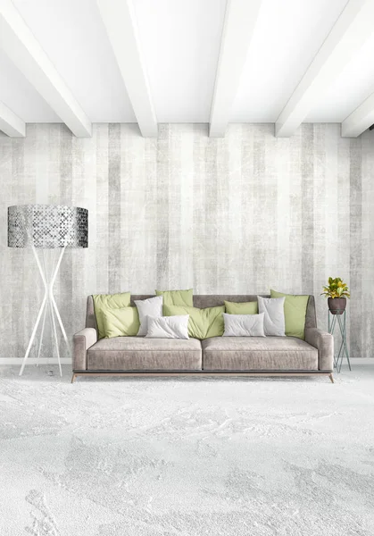 Beyaz yatak odası en az stil iç tasarım ahşap duvar ve gri Kanepeli. 3D render. 3D çizim