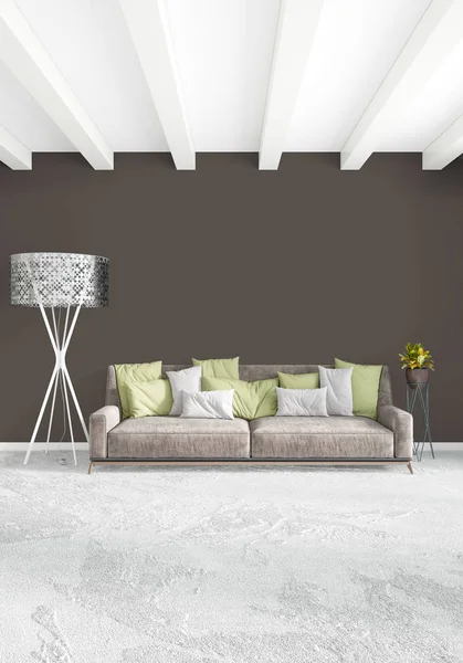 Beyaz yatak odası en az stil iç tasarım ahşap duvar ve gri Kanepeli. 3D render. 3D çizim