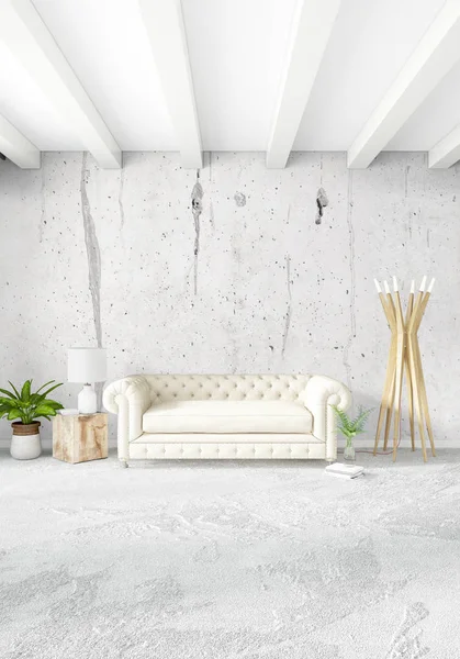 Beyaz yatak odası en az stil iç tasarım ahşap duvar ve gri Kanepeli. 3D render. 3D çizim