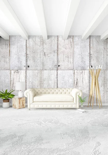 Beyaz yatak odası en az stil iç tasarım ahşap duvar ve gri Kanepeli. 3D render. 3D çizim