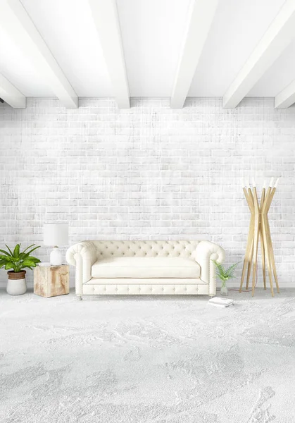 Beyaz yatak odası en az stil iç tasarım ahşap duvar ve gri Kanepeli. 3D render. 3D çizim