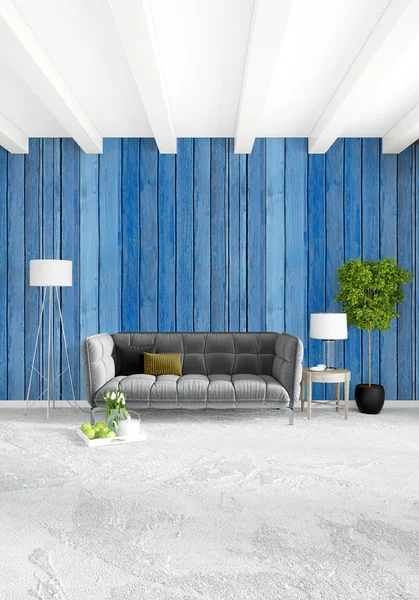 Beyaz yatak odası en az stil iç tasarım ahşap duvar ve gri Kanepeli. 3D render. 3D çizim