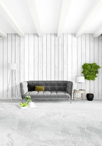 Beyaz yatak odası en az stil iç tasarım ahşap duvar ve gri Kanepeli. 3D render. 3D çizim