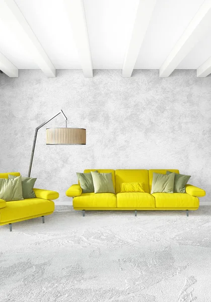 Beyaz yatak odası en az stil iç tasarım ahşap duvar ve gri Kanepeli. 3D render. 3D çizim