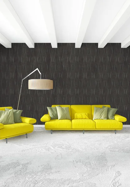 Beyaz yatak odası en az stil iç tasarım ahşap duvar ve gri Kanepeli. 3D render. 3D çizim