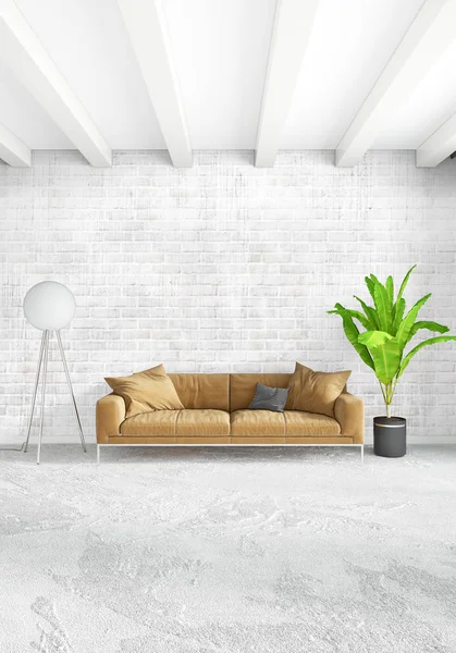 Chambre blanche style minimal Design intérieur avec mur en bois et canapé gris. Rendu 3D. Illustration 3D — Photo