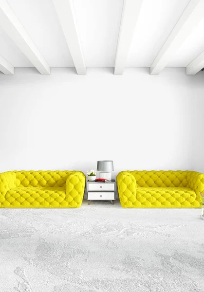 Beyaz yatak odası en az stil iç tasarım ahşap duvar ve gri Kanepeli. 3D render. 3D çizim