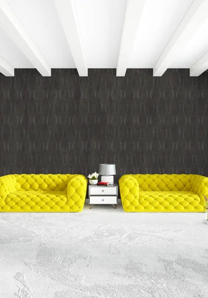 Beyaz yatak odası en az stil iç tasarım ahşap duvar ve gri Kanepeli. 3D render. 3D çizim