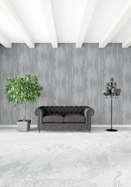 Beyaz yatak odası en az stil iç tasarım ahşap duvar ve gri Kanepeli. 3D render. 3D çizim