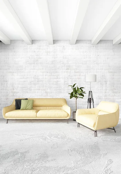 Beyaz yatak odası en az stil iç tasarım ahşap duvar ve gri Kanepeli. 3D render. 3D çizim