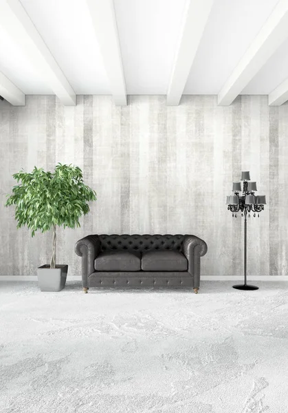 Beyaz yatak odası en az stil iç tasarım ahşap duvar ve gri Kanepeli. 3D render. 3D çizim