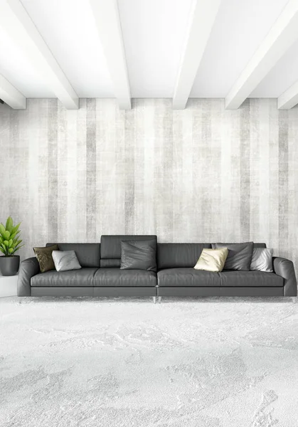 Beyaz yatak odası en az stil iç tasarım ahşap duvar ve gri Kanepeli. 3D render. 3D çizim