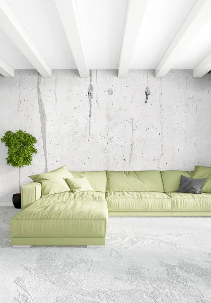 Beyaz yatak odası en az stil iç tasarım ahşap duvar ve gri Kanepeli. 3D render. 3D çizim