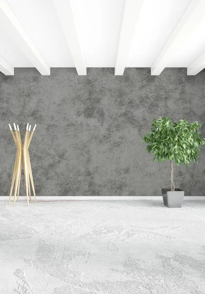 Beyaz yatak odası en az stil iç tasarım ahşap duvar ve gri Kanepeli. 3D render. 3D çizim