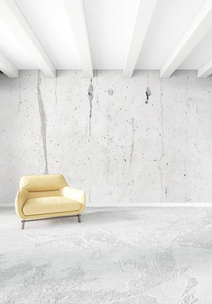 Beyaz yatak odası en az stil iç tasarım ahşap duvar ve gri Kanepeli. 3D render. 3D çizim