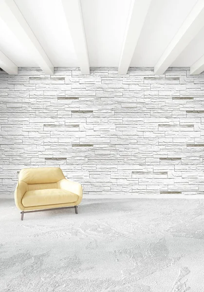 Beyaz yatak odası en az stil iç tasarım ahşap duvar ve gri Kanepeli. 3D render. 3D çizim