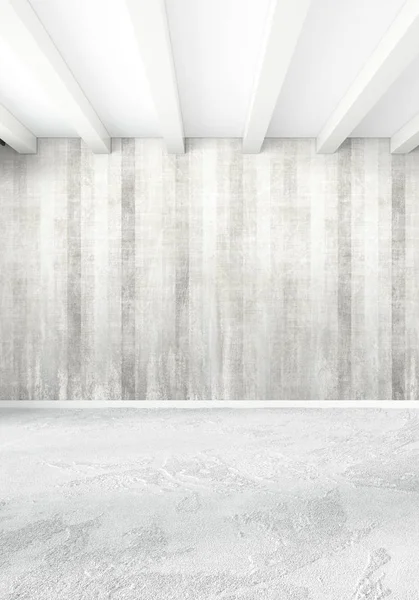 Beyaz yatak odası en az stil iç tasarım ahşap duvar ve gri Kanepeli. 3D render. 3D çizim