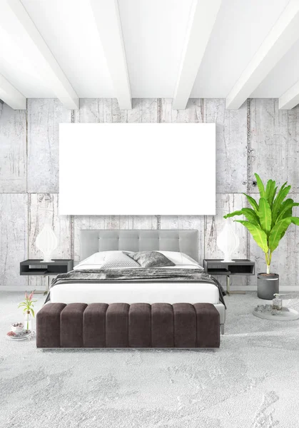 Beyaz yatak odası en az stil iç tasarım ahşap duvar ve gri Kanepeli. 3D render. 3D çizim