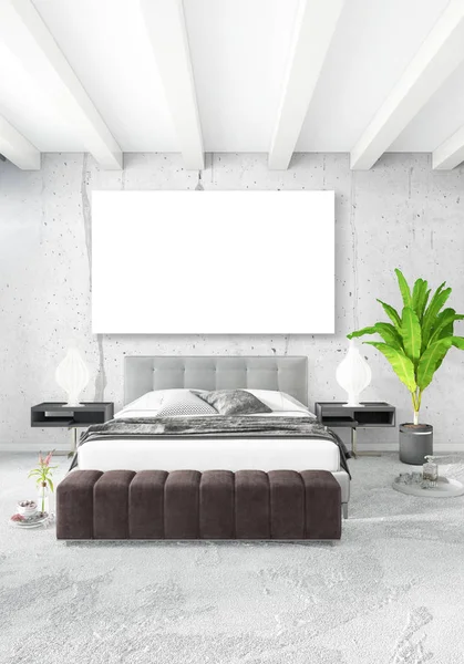 Vita sovrum minimal stil inredning med trä vägg och grå soffa. 3D-rendering. 3D illustration — Stockfoto