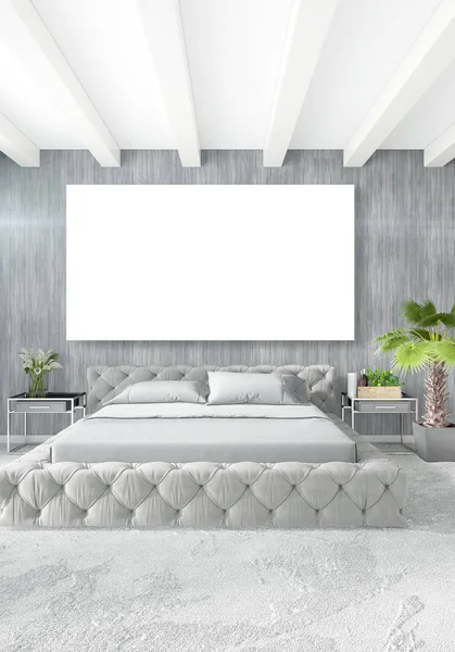 Weißes Schlafzimmer minimalistisches Interieur mit Holzwand und grauem Sofa. 3D-Darstellung. 3D-Illustration — Stockfoto