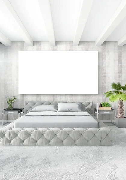 Beyaz yatak odası en az stil iç tasarım ahşap duvar ve gri Kanepeli. 3D render. 3D çizim