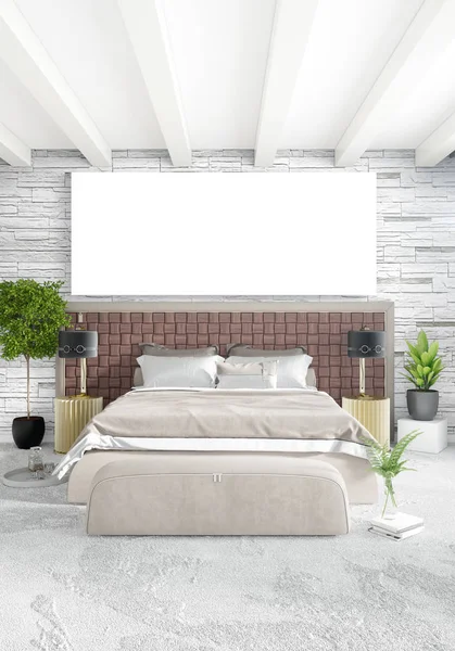 Beyaz yatak odası en az stil iç tasarım ahşap duvar ve gri Kanepeli. 3D render. 3D çizim