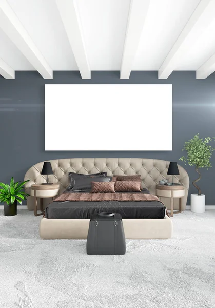 Beyaz yatak odası en az stil iç tasarım ahşap duvar ve gri Kanepeli. 3D render. 3D çizim